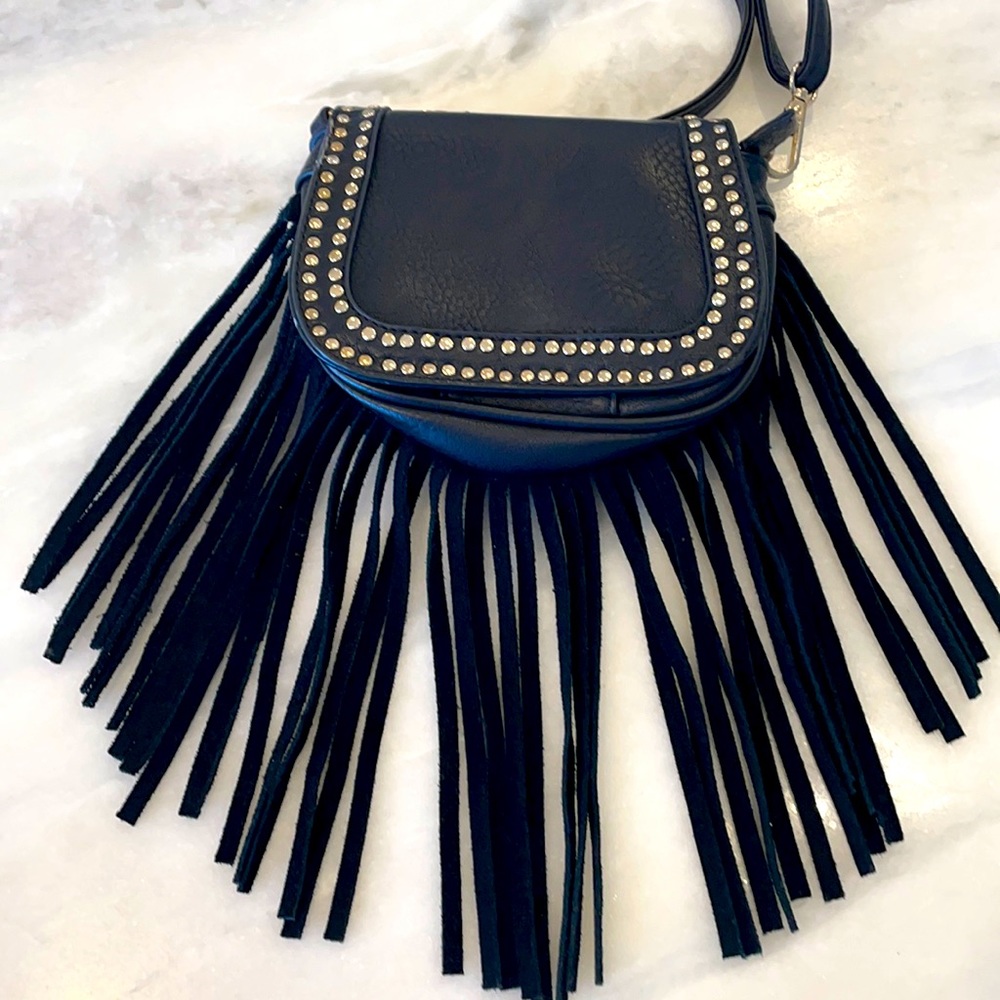 Vintage handbag with fringe. Adjustable and removable shoulder strap